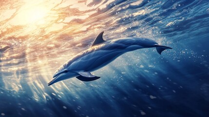Fototapeta premium Dolphins Dancing in Sunlit Waters, a vibrant scene capturing the elegance of dolphins gliding effortlessly through crystal clear blue waves under a radiant sun
