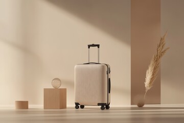 A minimalist scene featuring a suitcase, geometric shapes, and a decorative plant.