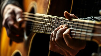 Obraz premium Musician’s Hand Playing a Guitar: A musician's hand strumming a guitar, with focus on the strings and hand movements. 