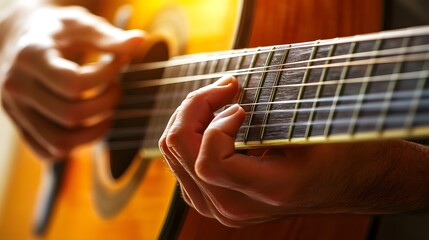 Fototapeta premium Musician’s Hand Playing a Guitar: A musician's hand strumming a guitar, with focus on the strings and hand movements. 
