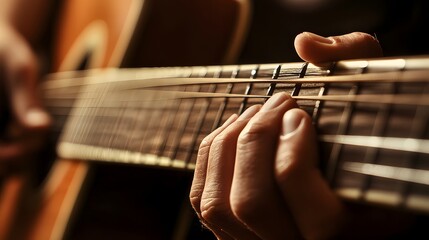 Musician&rsquo;s Hand Playing a Guitar: A musician's hand strumming a guitar, with focus on the strings and hand movements.
