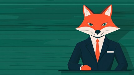 Obraz premium Business concept in minimal of Cunning fox in business suit leading a meeting, clever strategy discussion, Copy space for stock photo, no text, no logo, flat design illustration