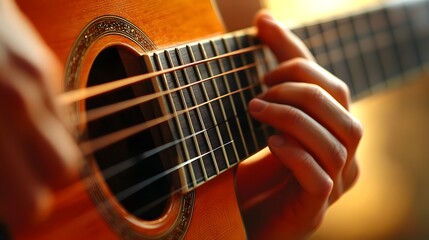 Obraz premium Musician’s Hand Playing a Guitar: A musician's hand strumming a guitar, with focus on the strings and hand movements. 