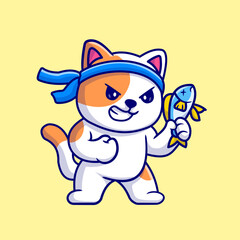 Obraz premium Cute Cat Angry Holding Fish Cartoon Vector Icon Illustration. Animal Nature Icon Concept Isolated Premium Vector. Flat Cartoon Style