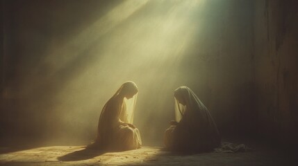 The Annunciation. Angel Gabriel appears to Mary, bringing God's message under divine light.