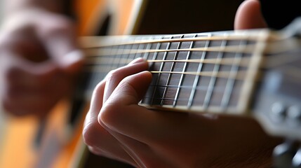 Fototapeta premium Musician’s Hand Playing a Guitar: A musician's hand strumming a guitar, with focus on the strings and hand movements. 