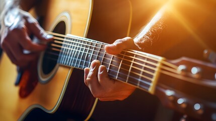 Naklejka premium Musician’s Hand Playing a Guitar: A musician's hand strumming a guitar, with focus on the strings and hand movements. 