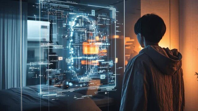 A detailed view of an AI-driven smart mirror displaying personalized information as a person stands in front of it, blending daily routines with technology.