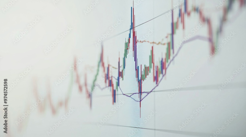 Poster a digital financial chart showing stock prices fluctuating over time, with a clear focus on the upwa
