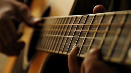 Fototapeta premium Musician’s Hand Playing a Guitar: A musician's hand strumming a guitar, with focus on the strings and hand movements. 