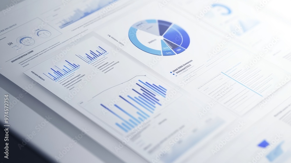 Aufkleber A digital financial dashboard with interactive pie charts, displaying real-time data on investment performance, with detailed segments and percentages on a white background.