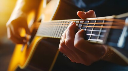 Musician’s Hand Playing a Guitar: A musician's hand strumming a guitar, with focus on the strings and hand movements.
