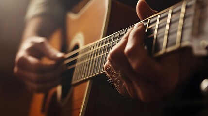 Fototapeta premium Musician’s Hand Playing a Guitar: A musician's hand strumming a guitar, with focus on the strings and hand movements. 