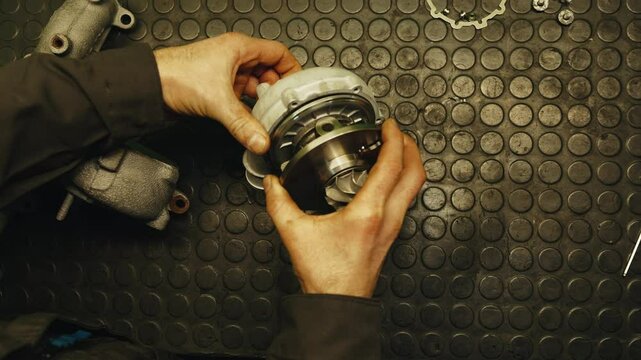 Top shot of auto mechanic assembling a car turbine after repair and maintenance in a workshop