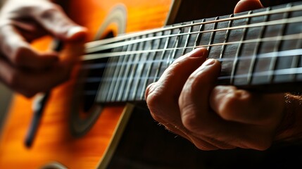 Fototapeta premium Musician’s Hand Playing a Guitar: A musician's hand strumming a guitar, with focus on the strings and hand movements. 