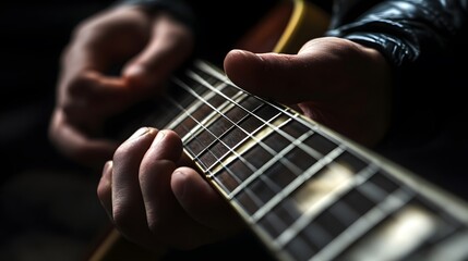 Musician&rsquo;s Hand Playing a Guitar: A musician's hand strumming a guitar, with focus on the strings and hand movements.

