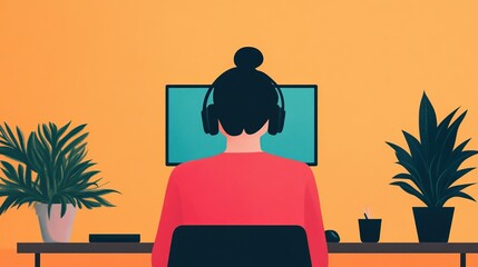 Fototapeta premium A woman working on a computer with headphones, surrounded by plants, against a vibrant orange wall, representing remote work and focus.