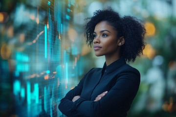 A confident young African American woman gazes thoughtfully at vibrant digital data displays in a futuristic urban setting during nighttime
