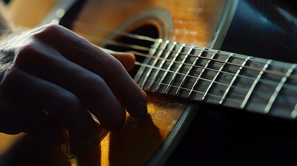 Fototapeta premium Musician’s Hand Playing a Guitar: A musician's hand strumming a guitar, with focus on the strings and hand movements. 