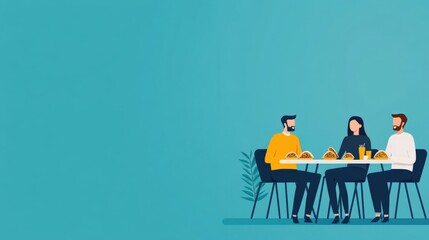 Business concept in minimal of Business team enjoying tacos during office lunch break, casual and fun workplace environment, Copy space for stock photo, no text, no logo, flat design illustration