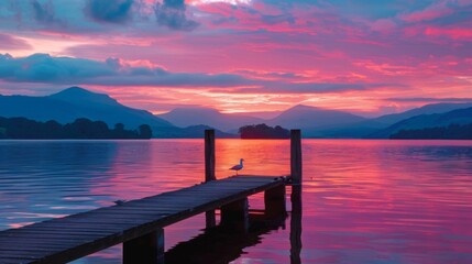 Fototapeta premium Colorful Sunset Over Calm Lake with a Pier and a Bird Standing Still