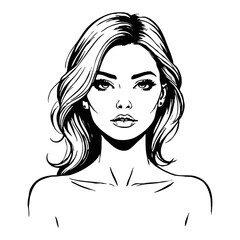 Fictional female character. Black and white line art. Logo design for use in graphics. T-shirt print, tattoo design.