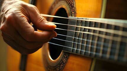 Fototapeta premium Musician’s Hand Playing a Guitar: A musician's hand strumming a guitar, with focus on the strings and hand movements. 