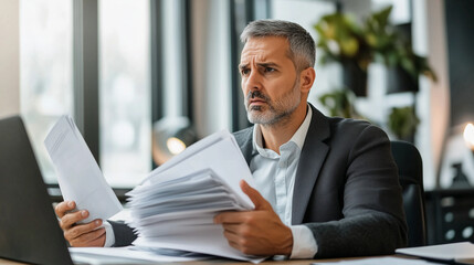 Man sitting at desk with concerned expression, holding stack of papers symbolizing financial stress and national debt, emphasizing personal and economic challenges.