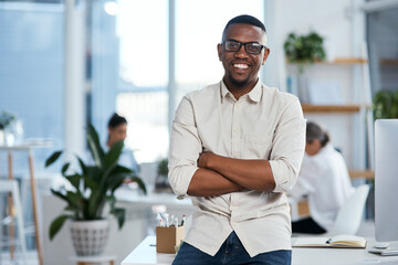 Smile, confidence and portrait of black man in office with pride, opportunity or creative...
