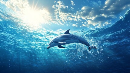 Naklejka premium A dolphin diving gracefully beneath the surface, leaving a trail of bubbles, with a bright and sunny ocean scene above.