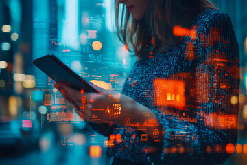 A focused businesswoman engages with a tablet among dynamic city lights and digital overlays during the evening hustle