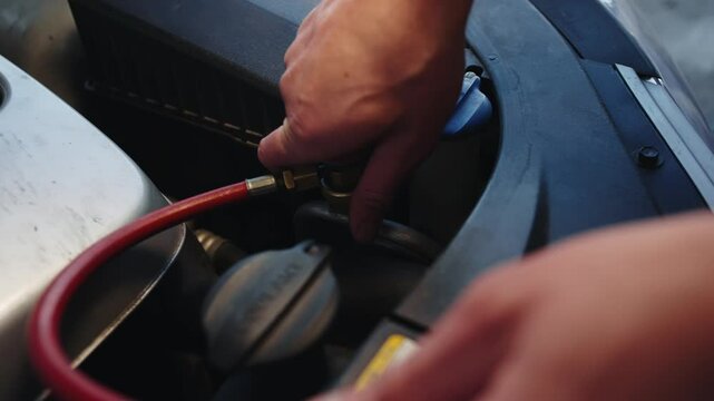 Auto mechanic puts on the valve to refill the car air conditioner with freon