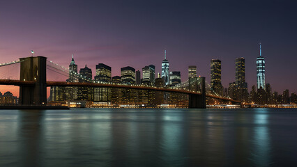 Obraz premium Brooklyn Bridge and Manhattan skyline at twilight, city lights reflecting on water.