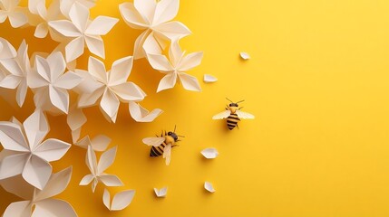 Paper Bees and Flowers on Yellow Background