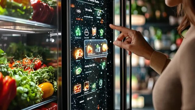A detailed shot of a smart refrigerator interface showing AI-driven meal suggestions, with a person hand selecting an option.