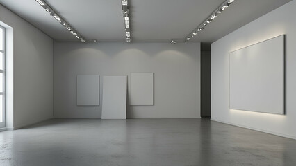 White gallery interior with mockup spaces on walls, 3D rendering for design display.
