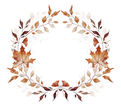 Watercolor autumn floral symmetric wreath frame. Orange, brown, gray, beige fall maple leaves, flowers, wild branches and twigs. Hand drawn illustration. Watercolour artistic template design.