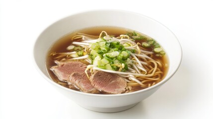 A dynamic shot of a bowl of noodle soup with clear broth, garnished with green onions, bean sprouts, and slices of meat, placed on a white background.