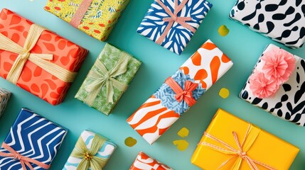 A vibrant collection of gift-wrapped presents in bold colors and patterns, ready for a festive celebration.