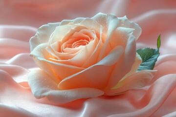 elegant still life of a single rose draped on luxurious pink silk soft romantic lighting emphasizing delicate petals and fluid fabric texture timeless beauty in pastel tones