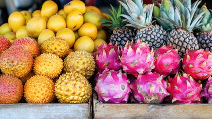 Fototapeta premium A vibrant selection of tropical Thai fruits like dragon fruit, mango, and rambutan displayed at a local street food stall.