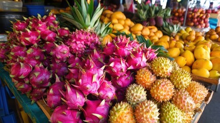 Fototapeta premium A vibrant selection of tropical Thai fruits like dragon fruit, mango, and rambutan displayed at a local street food stall.