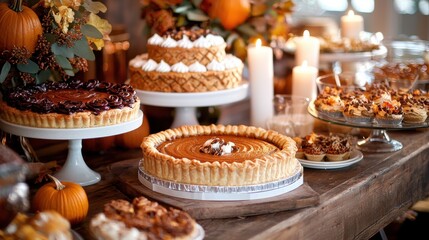 A close-up of a Thanksgiving dessert table at a chic urban event featuring a variety of pumpkin treats including pies tarts and cakes the table decorated with modern fall elements and candles