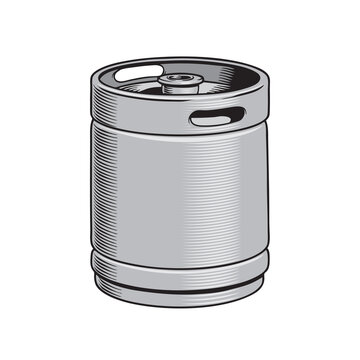 Beer keg isolated, metal barrel on the white background. Monochrome graphic vector illustration	