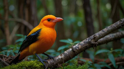 Naklejka premium Beautiful Flame Bowerbird perched in an enchanting forest, surrounded by nature.