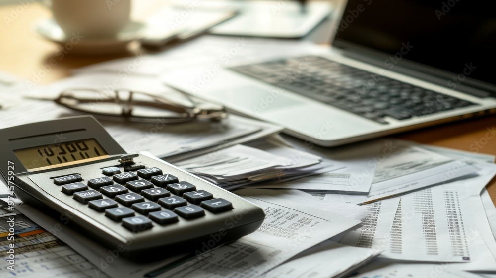 Poster A dynamic shot of a calculator next to a stack of paperwork and a laptop, showing a busy workspace where calculations and financial analysis are taking place.