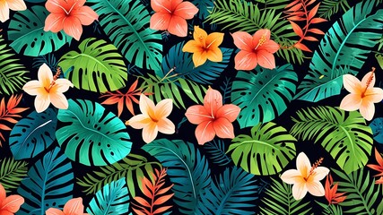Naklejka premium Tropical Floral Pattern with Lush Green Leaves