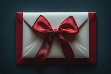 elegant white gift card emerging from a rich red envelope with a delicate ribbon bow set against a minimal grey background with soft shadows
