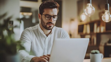 Obraz premium A Man with a Beard Wearing Glasses Using a Laptop Computer