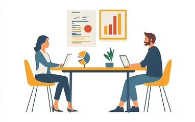 Teamwork in an office with charts, laptops, and a globe. Collaboration and productivity represented in a modern workspace.